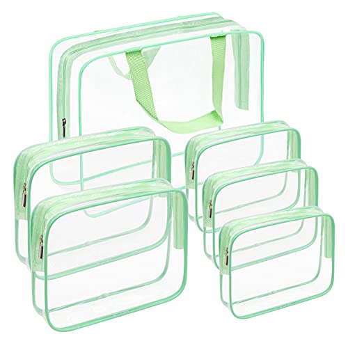 APREUTY Clear Makeup Bags, TSA Approved 6 Pcs Cosmetic Makeup Bags Set Clear PVC with Zipper Handle Portable Travel Luggage Pouch Airport Airline Vacation Organization (Green) - color: Green-6PCS (Large+Medium+Small)