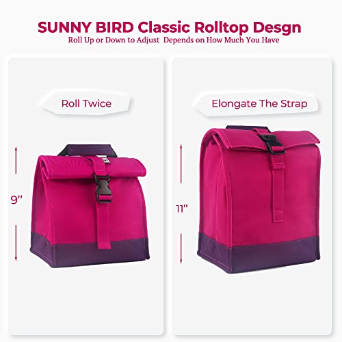 SUNNY BIRD Insulated Lunch Bag Rolltop Lunch Box Tote Lunchbox Bag for Women, Girls, Teens and Kids (Purple) - color: Purple