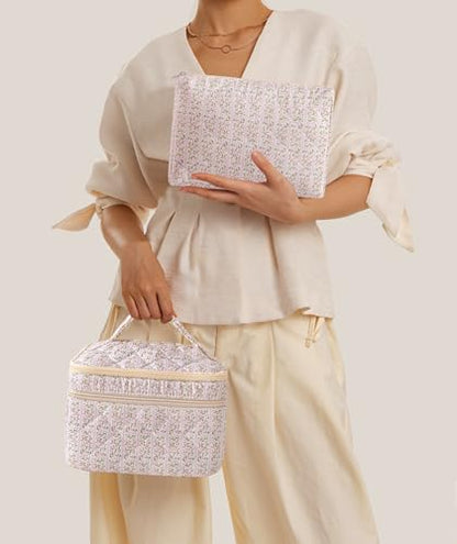HBselect 2Pcs Travel Makeup Bag, Large Cotton Quilted Makeup Bag Cosmetic Bag Cute Make up Bag Toiletry Bags for Women Girls - color: 2PCS-FLOWER4