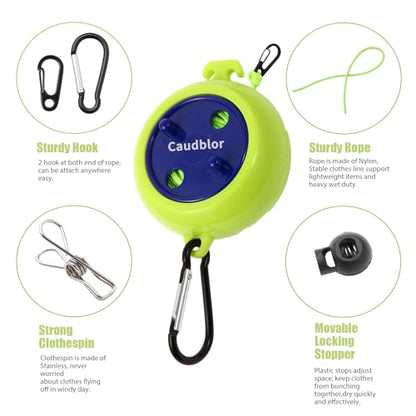 Portable Travel Clothesline Cord, Caudblor Adjustable 33ft Camping Clothes line, Laundry Drying Rope for Hotel Trip, Cruise, Outdoor/Indoor, with 12Pcs Stoppers, Windproof Clothespins - style: Light Green