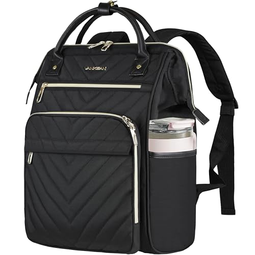 VANKEAN 15.6 Inch Laptop Backpack for Women Fashion Computer Work Bag, Large Capacity Waterproof Backpack, College Daypack Business Travel, Black - color: Quilted Black, size: 15.6 Inch