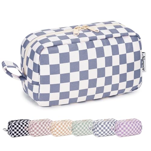 Narwey Checkered Makeup Bag Travel Cosmetic Bag Organizer Small Toiletry Bag Make Up Bags with Organzied Pockets for Women (Grayish Blue Checkerboard, Large) - color: AA-Grayish Blue Checkerboard, size: Large