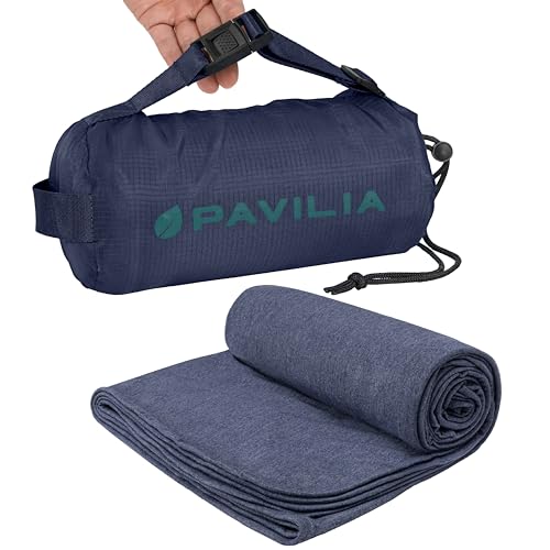 PAVILIA Travel Blanket Airplane Compact with Bag, Lightweight Soft Fleece Plane Blanket Long Flights, Camping Road Trips, Packable Travel Gift Essentials with Luggage Backpack Strap, 65x40, Navy Blue - color: Navy Blue