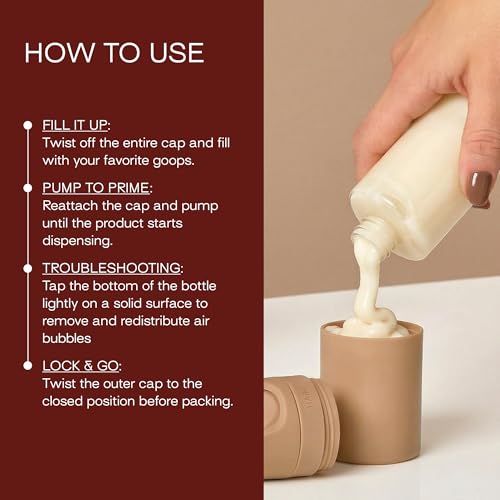 RIES Essential Refillable Toiletry Travel Bottles – Set of 5 (3.4oz & 1.7oz) Airless Pump Containers for Shampoo, Conditioner, Body, Face – Leak-Proof, TSA-Approved, Dishwasher Safe - Sand - color: Sand