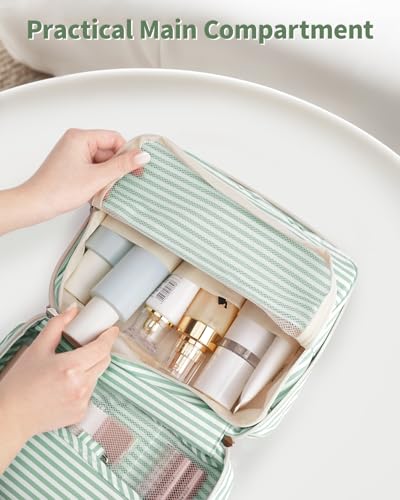 Narwey Small Hanging Travel Toiletry Bag for Women, Travel Bag for Toiletries, Makeup Bag Organizer Cosmetic Bags Make Up Bags for Girls - color: ZB-Mint Green Stripe