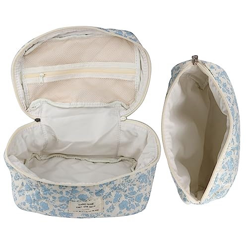 NATINSA Cute Makeup Bag for Women(2 Pcs), Travel Cosmetic Bags, Quilted Coquette Aesthetic Floral Toiletry Organizer Bag (NavyBlue Flower) - color: NavyBlue Flower
