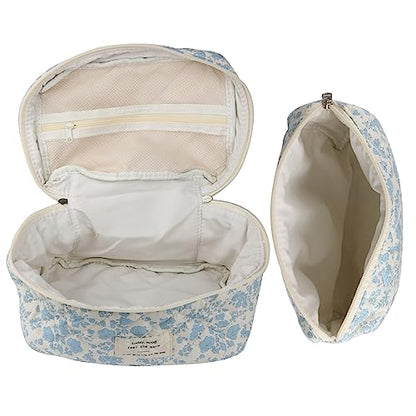NATINSA Cute Makeup Bag for Women(2 Pcs), Travel Cosmetic Bags, Quilted Coquette Aesthetic Floral Toiletry Organizer Bag (NavyBlue Flower) - color: NavyBlue Flower