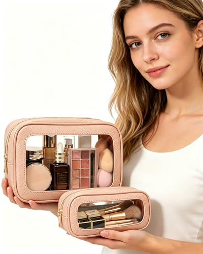 2Pcs Clear Makeup Bags Set - Portable Clear Cosmetic Bag Case Travel Makeup Brush Bag Waterproof Makeup Pouch TSA Approved Toiletry Bag Car Organizer Bag for Women (Dusty Pink Set) - color: Dusty Pink Set