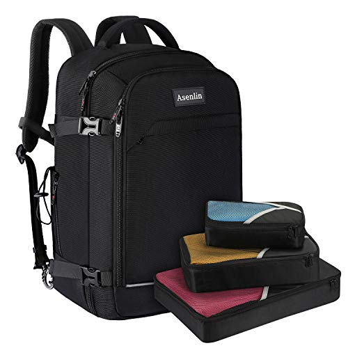 Asenlin 40L Travel Backpack for Women Men,Flight Approved Carry On Backpack with 17 Inch Laptop Compartment,Water Resistant Computer Backpack for College Weekender Overnight Daypack,Black