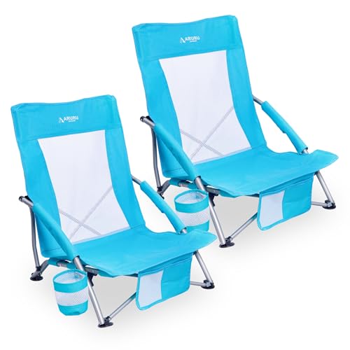 Low Folding Beach Chairs for Adults 2 Pack, Portable Lightweight Sling Beach Camping Chair with Cup Holder,Armrest,Foldable Camp Lawn Chair for Outdoor Sand Concert Travel Sport Events - color: Ocean Blue-2set, size: Low Back