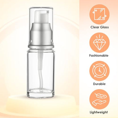 VitalUp 0.5 Oz 15ml Refillable Luxury Clear Glass Lotion Travel Pump Bottle with Silver Cap for Cosmetics, Lotion, Body Cream, Sanitizers, Cream, Foundation (Pack of 3) - size: 15 ml (3 Pack)