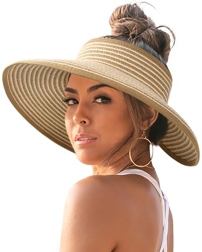 FURTALK Sun Hats for Women Wide Brim Beach Hat Straw Visor Ponytail Summer UV Packable Foldable Beach Vacation Essentials - color: 04-khaki Beige Stripes