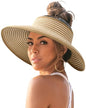 FURTALK Sun Hats for Women Wide Brim Beach Hat Straw Visor Ponytail Summer UV Packable Foldable Beach Vacation Essentials - color: 04-khaki Beige Stripes
