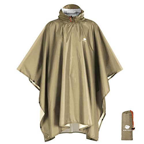 ANYOO Hooded Rain Poncho for Adults Waterproof Lightweight Rain Coat for Men Women Reusable Rain Jacket for Emergency Outdoor - color: Dark Khaki