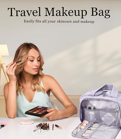 Travel Toiletry Bag for Women, Large Wide-open Puffy Cosmetic Makeup Bag with Wet-Dry Separation, Multi-Pocket Organizer with Carry Handle for Toiletries, Cosmetics, Essentials, Light Purple - color: Light Purple