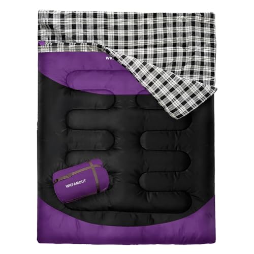Double Sleeping Bag for Adults Machine Washable 2 Person Camping Sleeping Bag Queen Size Waterproof with Compression Sack for Cold Weather 3-4 Seasons - color: PURPLE