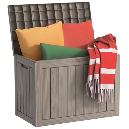 DRATO 45 Gallon Deck Box, Outdoor Storage Box for Patio Furniture, Patio Cushions, Gardening Tools, Pool Supplies 480lbs Weight Capacity, Waterproof Resin Storage Boxes (Light Brown, 45Gal) - color: Gray, size: 45 Gallon