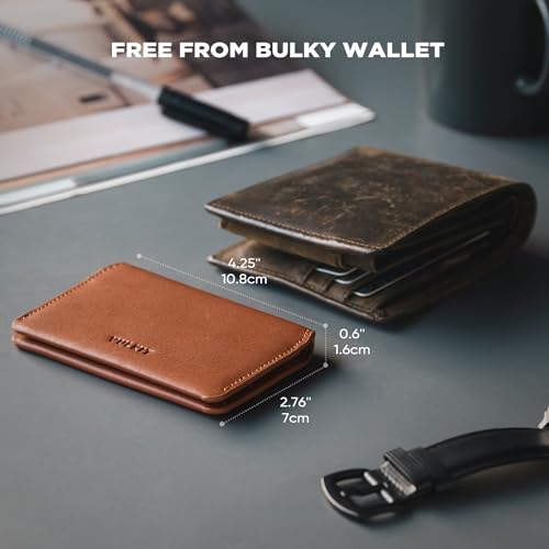 VULKIT Slim Minimalist Card Holder RFID Blocking Leather Credit Card Holder Front Pocket Wallet Magnetic Closure - color: Brown