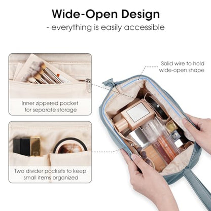 Narwey Wide-open Makeup Bag Women Make up Bag Travel Cosmetic Bag Organizer Toiletry Bag for Cosmetics Toiletries Accessories (Greyish Blue) - color: Greyish Blue