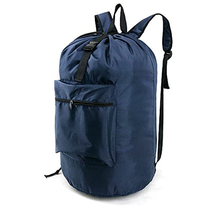 BeeGreen Navy Blue Travel Laundry Bag w Drawstring & Handle College Dorm Room Essentials w Adjustable Shoulder Straps Washable Sturdy Laundry Hamper Sack Dirty Laundry Travel Bag for Camping - color: Dark Blue, style: With Front Zipper Pocket