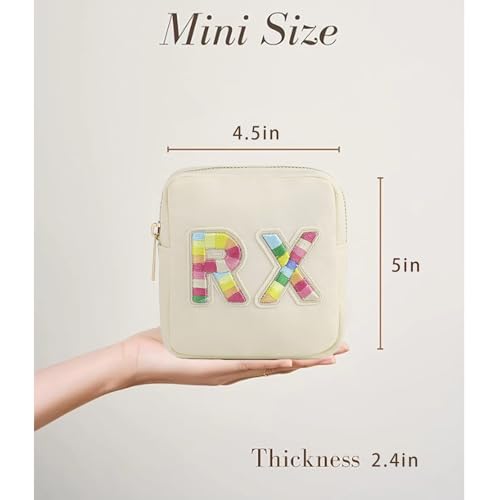Small Nylon Rx Medicine Bag, Cute Waterproof Chenille Letter Patch Drug Makeup Bag with Metal Zipper, Pill Bag for Purse, Mini Travel First Aid Purse Organizer Machine Washable (08Beige RX) - color: 08Beige RX