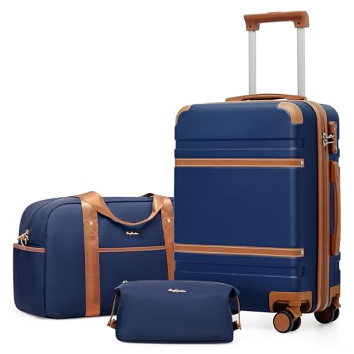 LONG VACATION Carry On Luggage Set 3 Piece, 20 Inch ABS+PC Hardshell Carry on Suitcase with Spinner Wheels TSA Lock & YKK Zipper - color: Navy Brown, size: 3 Piece Set (20 Inch)