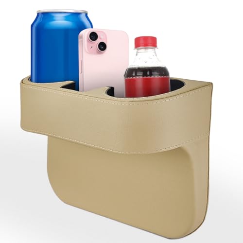 Car Cup Holder, Auto Front Seat Organizer, Multifunctional Cup Drink Holders with PU Leather Cover, Gap Filler Storage Box Coin Bucket Console Side Pocket Cell Mobile Phone Holder (Beige) - color: Beige