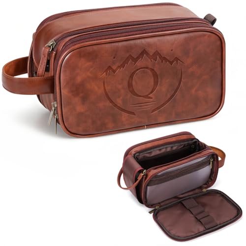 Personalized Fathers Day Presents Travel Toiletry Bag for Men, Engraved Initial PU Leather Waterproof Shaving Bag, Best Dad Birthday Gift Ideas for Dad Father New Dad Papa Elderly,Q - style: Q