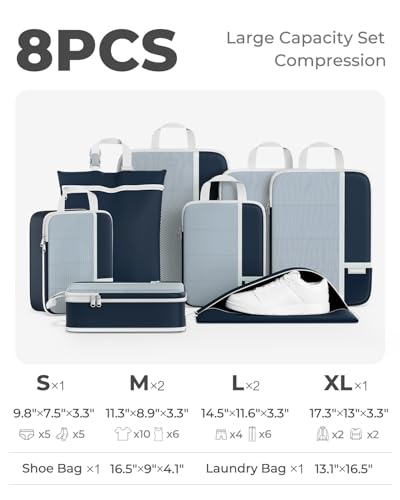 Percover Compression Packing Cubes for Travel, 8-Piece Structured Compression Organizer Set with Laundry Bag & Shoe Bag for Carry-On & Checked Luggage, Navy Blue - color: Navy Blue, size: 8 Set