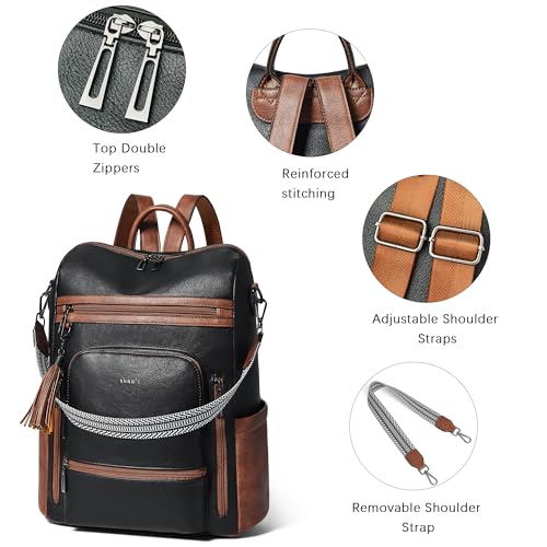 Shrrie Vegan Leather Laptop Backpack for Women 15.6 inch Work Backpack Fashion Travel Backpack Purse for Business College - color: Black With Brown