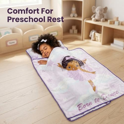 EVERYDAY KIDS Toddler Nap Mat with Removable Pillow - Born to Dance African American Ballerina - Carry Handle with Straps Closure, Rollup Design for Preschool, Daycare, Sleeping Bag - Ages 2-6 Years - color: Born to Dance African American Ballerina