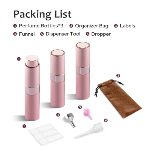 LISAPACK 8ML Atomizer Perfume Spray Bottle for Travel (3 PCS) Empty Cologne Dispenser, Portable Sprayer (Pink) - color: 3 Pink
