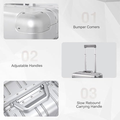 VentureVault All Aluminum Carry On Luggage 22x14x9 Airline Approved，Zipperless Luggage Premium Aluminum Suitcase Luggage, Hard Shell Carry On Luggage with Spinner Wheels (silver, 20inch) - color: Silvery, size: 20inch
