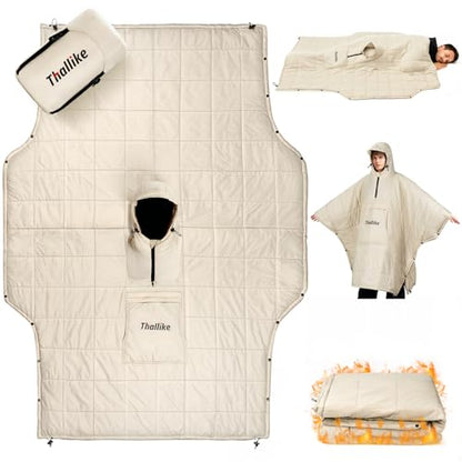 Camping Blanket with Zipper Pocket, 85'' x 61'' Large Wearable Hooded Blanket, Ultralight Warm Sleeping Bag, Windproof Camping Poncho for Outdoor Stadium Sports Gaming Hiking Picnic Concerts - color: Off-white