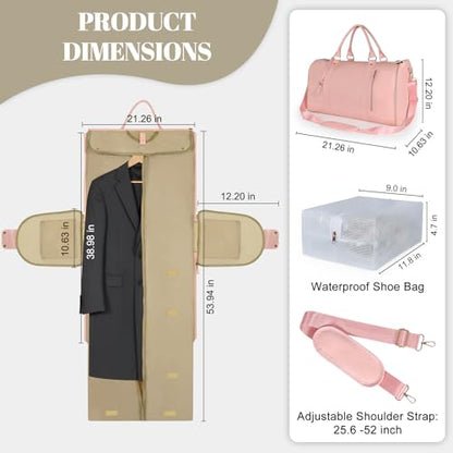 Geestock Garment Duffle Bags for Travel, Convertible Carry On Garment Bag with Shoe Pouch & Shoulder Strap, 2 in 1 Foldable PU Leather Suit Travel Bag for Women & Men, Pink - color: Pink
