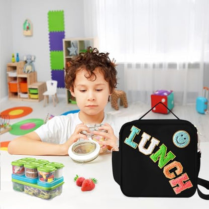 Insulated Lunch Bag With Adjustable Shoulder Strap, Nylon Preppy Lunch Box Large Insulated Lunch Bag Reusable Lunch Tote Bag with Smiley Preppy LunchBag for Girls School Travel Picnic (Black) - color: Black