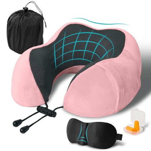 Travel Pillow, Memory Foam Neck Pillow for Traveling, U Shape Neck Pillow Airplane Portable Flight Pillow Travel Kit with 4D Contoured Eye Masks and Earplug for Plane Train Car Home Office - Pink - color: Pink