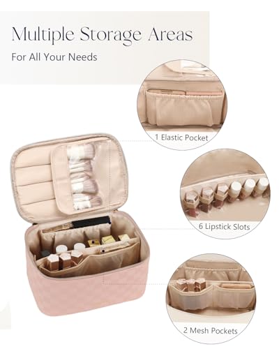 Prite Makeup Bag, Large Capacity Cosmetic Bag for Women and Girls, Waterproof PU Leather Travel Case with Handle, Divider for Skincare and Brushes - Checkered Pink - color: Checkered Pink