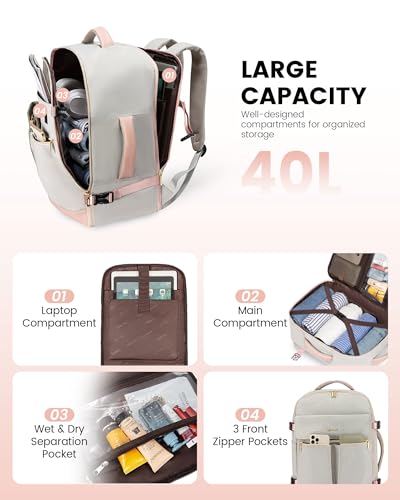 LOVEVOOK Carry On Backpack, 40L Travel Backpack Women with 3 Packing Cubes, TSA Airline Approved Suitcase Bag as Personal Item, Waterproof 17 inch Laptop Backpack for Weekender Overnight,Grey Pink - color: Grey Pink, size: 40L-17.3 Inch-4Pcs