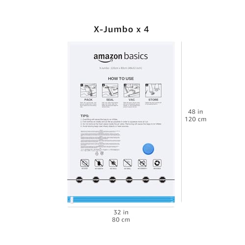 Amazon Basics Vacuum Storage Bags for Blankets, Vacuum Compression Space Saving Storage Bags with Hand Pump for Clothes Packing, X-Jumbo, 4-Pack - size: X-Jumbo