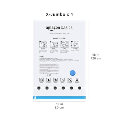 Amazon Basics Vacuum Storage Bags for Blankets, Vacuum Compression Space Saving Storage Bags with Hand Pump for Clothes Packing, X-Jumbo, 4-Pack - size: X-Jumbo
