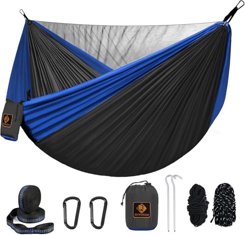Camping Hammock, Portable Hammocks with Mosquito Net,Lightweight Nylon Parachute Hammock with 10ft Tree Straps,Camping Gear Must Haves for Travel Hiking Backpacking Beach Patio-Deep Grey&Blue - color: Deep Grey&blue, size: Large
