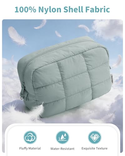 Narwey Puffer Travel Makeup Bag for Women Girl, Quilted Puffy Cosmetic Bag Make Up Bag Organizer, Cute Travel Toiletry Bag for Toiletries (Sage Green) - color: Sage Green