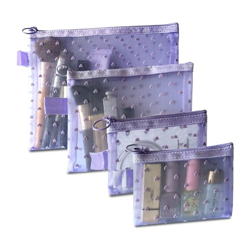 4-Piece Heart Printed Mesh Makeup Bag Set, Portable Travel Cosmetic Bags Toiletry Bags Makeup Purse Bags Zipper Storage Pouches for Home Offices Travel Accessories (Light Purple) - color: Light Purple, size: 4PCS