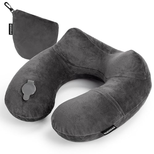Rewondah Inflatable Travel Pillow for Sleeping Airplane - Inflatable Neck Pillow for Traveling on Plane with Washable Cover, Blow up Neck Travel Pillow for Airplanes, Cars - Portable and Comfortable - color: Dark Grey, size: M-Shape
