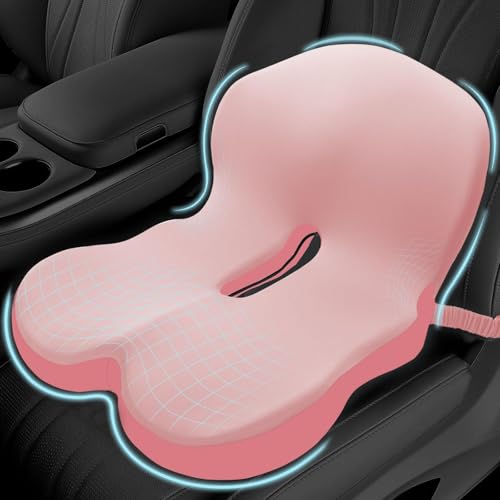 Memory Foam Seat Cushion for Sciatica & Back Pain Relief - Ergonomic Chair Pad with Adjustable Strap & Supportive Comfort Cover, Non-Slip for Car, Truck, Office Chair - Pink - color: Pink
