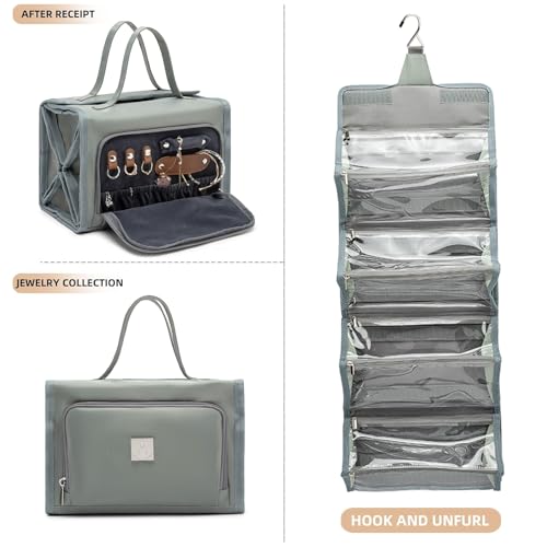 ROYALFAIR Roll Up Makeup Bag, Travel Toiletry Bag for Women with 4 Clear TSA Approved Pouches, Hanging Travel Organizer, Folding Cosmetic Bag for Men and Women (grey) - color: grey