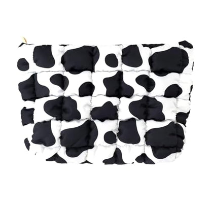 Puffy Quilted Makeup Bag, Cosmetic Bag, Travel Toiletry Organizer Pouch, Clutch for Women (Cow Print) - color: Cow Print