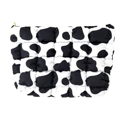 Puffy Quilted Makeup Bag, Cosmetic Bag, Travel Toiletry Organizer Pouch, Clutch for Women (Cow Print) - color: Cow Print