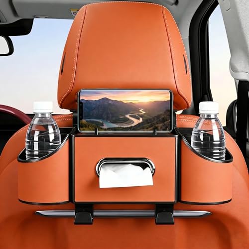 Back Seat Car Organizer, Nappa Leather Car Seat Organizer with Cup Holders and Tissue Box, Premium Hanging Storage Bag for SUV Truck Road Trip (Orange) - color: Orange